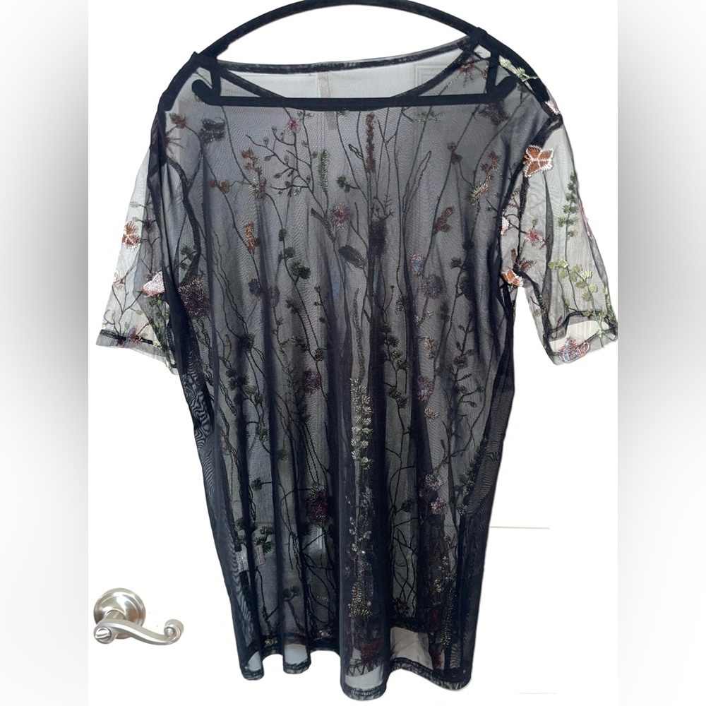 Love Nation Black Sheer Mesh Top with Multicolor Floral Embroidery - Picture 5 of 5